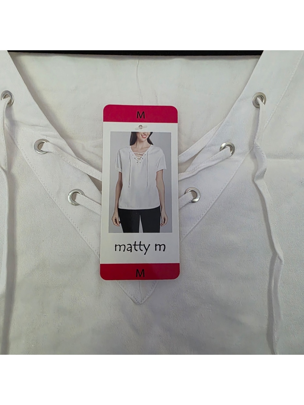 Matty M women’s white short-sleeve lace-up V-neck blouse Medium - Picture 4 of 6